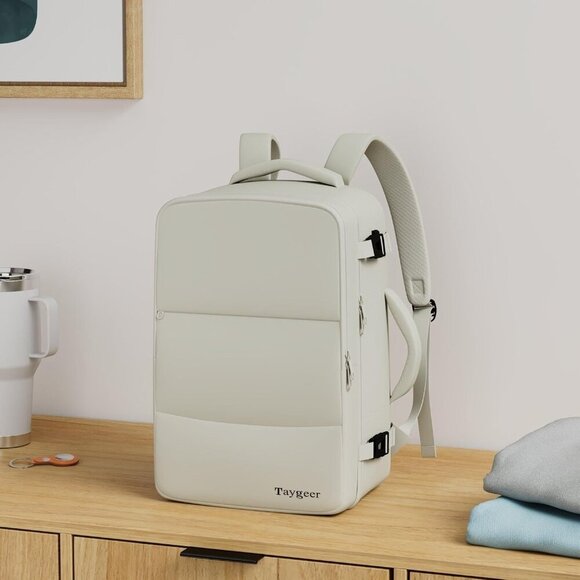 〽️Women Trendy Carry On Backpack Cream with USB Charging Port & Shoe Pouch main image 10